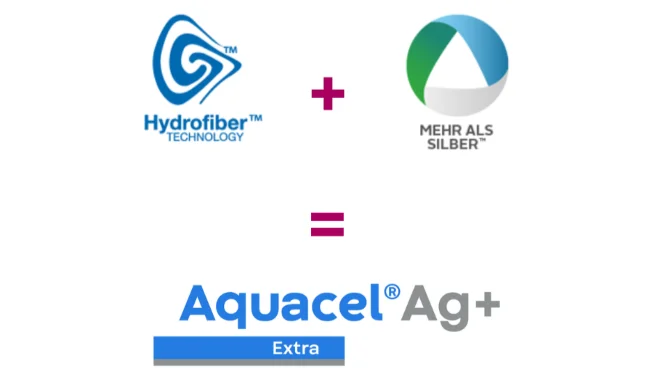 Formel mit Logos Hydrofiber Technologie plus Mehr als Silber Technologie = Aquacel Ag+ Extra