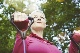 a close-up of a woman exercising