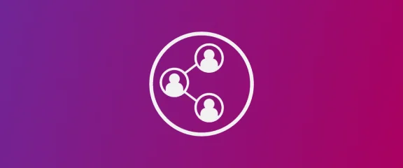 Purple and white icon depicting people in a circle, symbolizing rethinking recovery resources for sharing with colleagues.