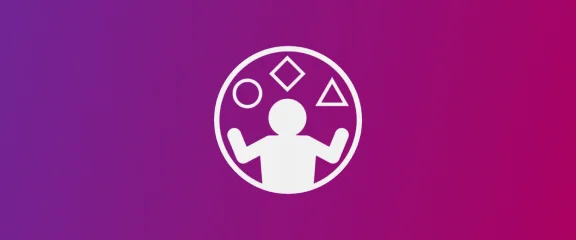 Purple and white icon featuring a person, representing rethinking recovery resources for building new skills.